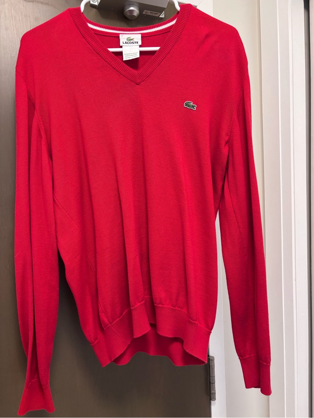Lacoste Men's Red V-Neck Sweater with Crocodile Logo - 100% cotton size 4 (med)